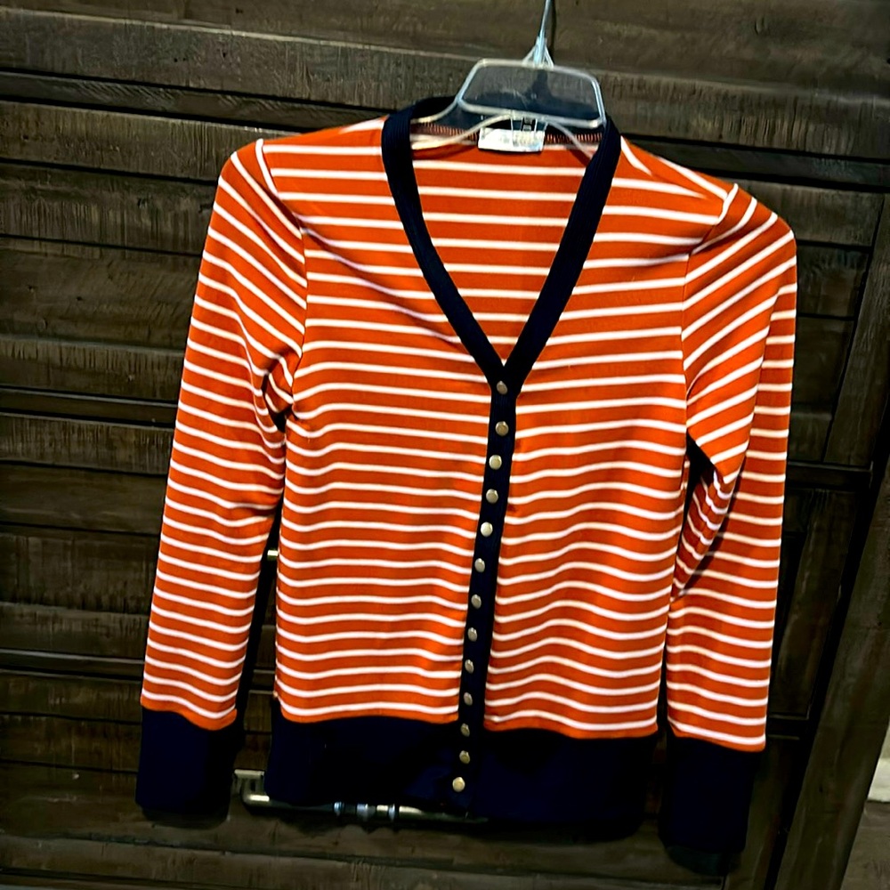 Orange and navy blue button up.